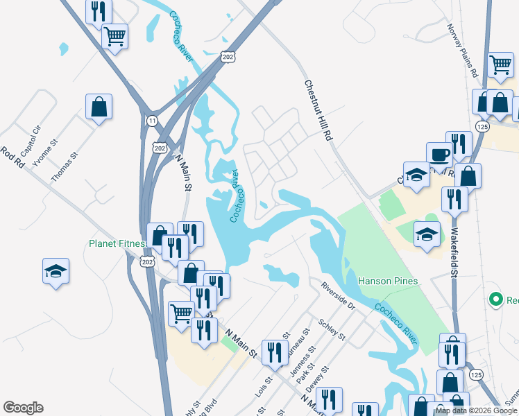 map of restaurants, bars, coffee shops, grocery stores, and more near 56 Riverview Drive in Rochester