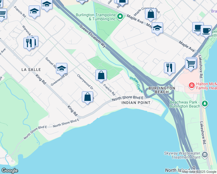 map of restaurants, bars, coffee shops, grocery stores, and more near 645 Francis Court in Burlington