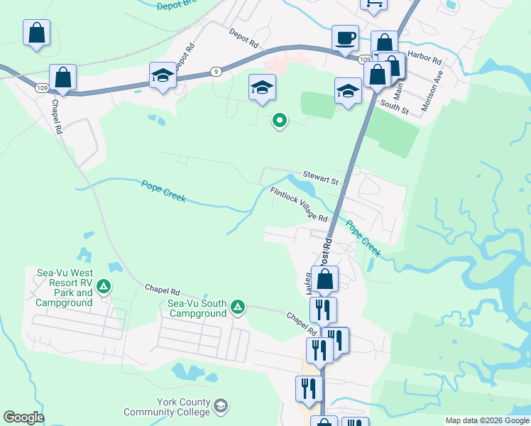map of restaurants, bars, coffee shops, grocery stores, and more near 46 Poplar Park Drive in Wells