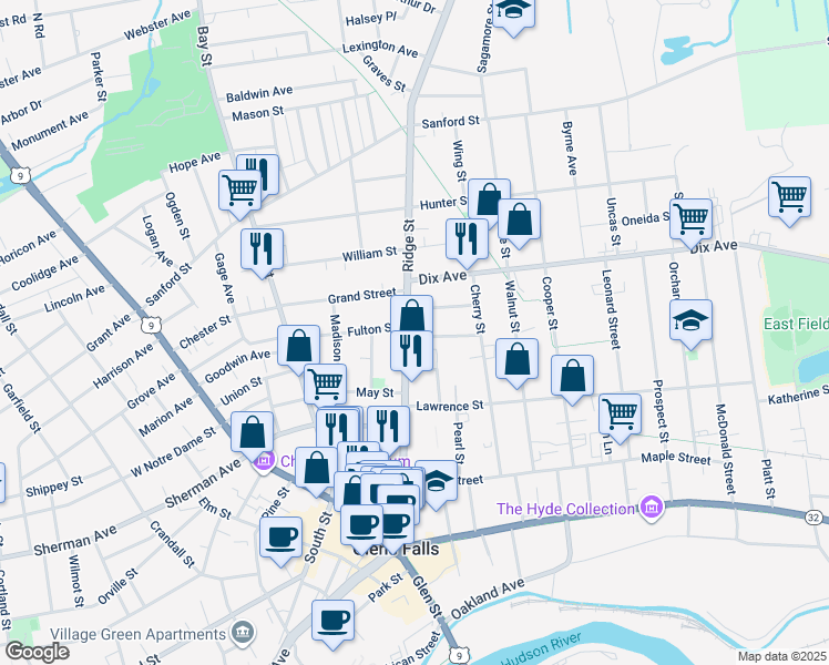 map of restaurants, bars, coffee shops, grocery stores, and more near 160 Ridge Street in Glens Falls