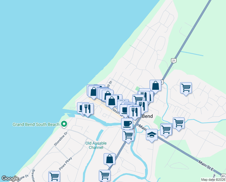 map of restaurants, bars, coffee shops, grocery stores, and more near 26 Huron Street in Grand Bend