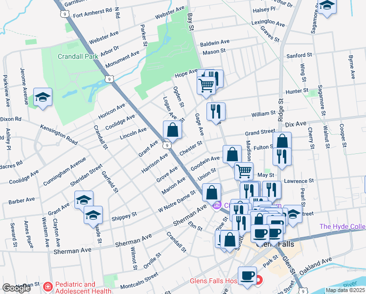 map of restaurants, bars, coffee shops, grocery stores, and more near 9 Chester Street in Glens Falls
