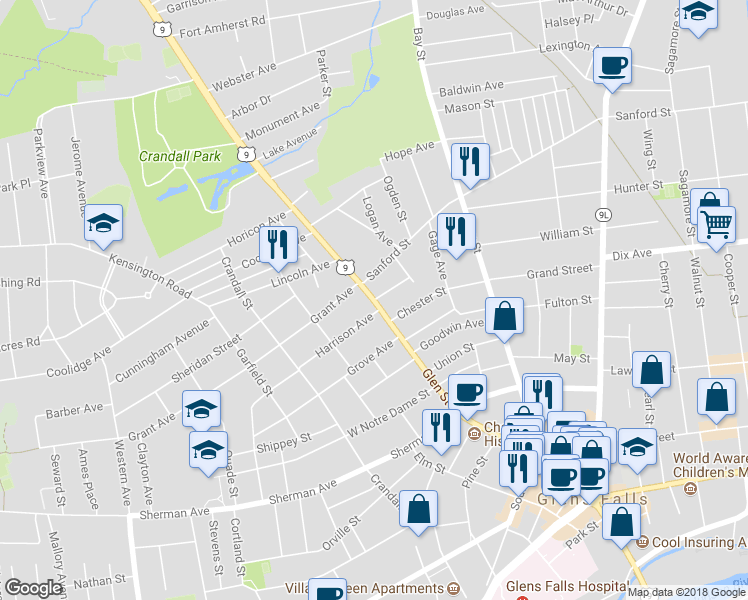 map of restaurants, bars, coffee shops, grocery stores, and more near Glen Street & Jefferson Street in Glens Falls