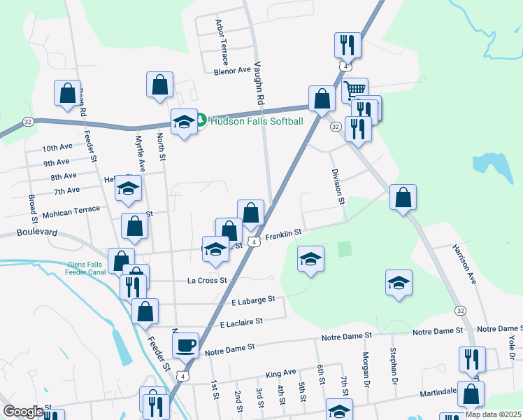 map of restaurants, bars, coffee shops, grocery stores, and more near 361 Main St in Hudson Falls