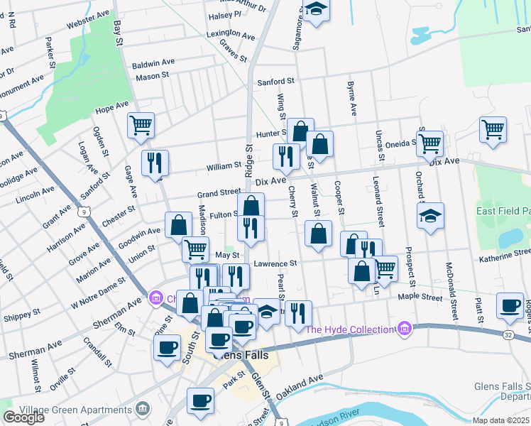 map of restaurants, bars, coffee shops, grocery stores, and more near 12a Morgan Avenue in Glens Falls