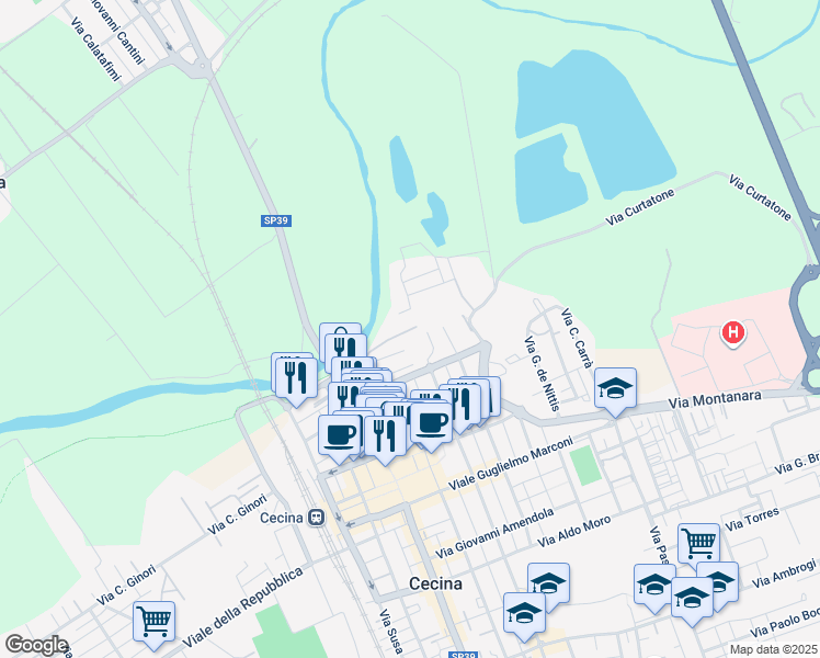 map of restaurants, bars, coffee shops, grocery stores, and more near Via dei Grottini in Cecina