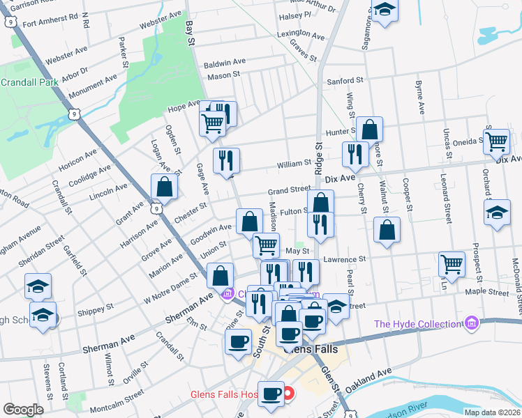 map of restaurants, bars, coffee shops, grocery stores, and more near 5 Fulton Street in Glens Falls