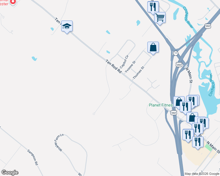 map of restaurants, bars, coffee shops, grocery stores, and more near 46 Ebony Drive in Rochester