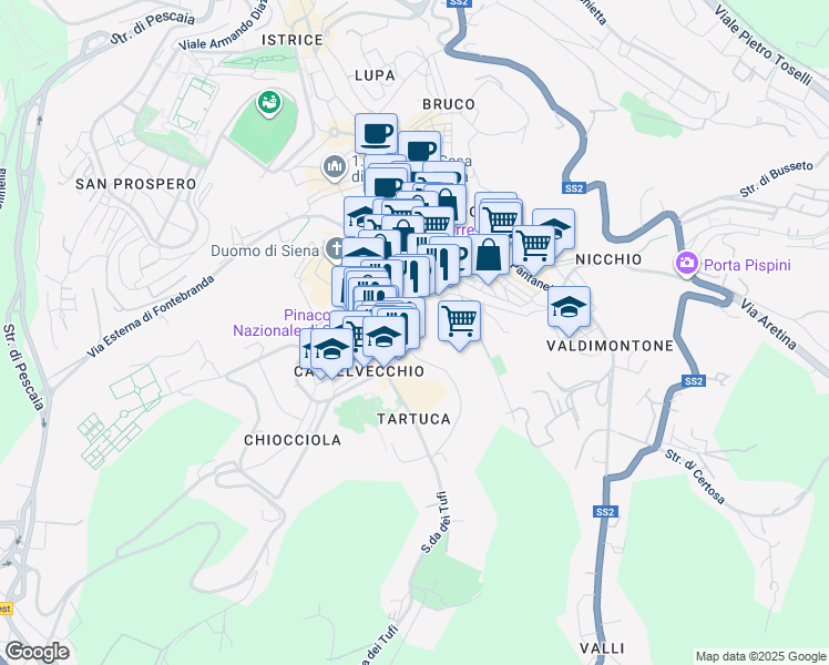 map of restaurants, bars, coffee shops, grocery stores, and more near 105 Via Giovanni Duprè in Siena