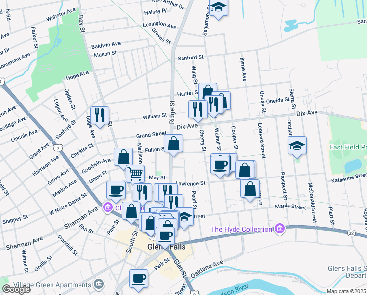 map of restaurants, bars, coffee shops, grocery stores, and more near 12a Morgan Avenue in Glens Falls