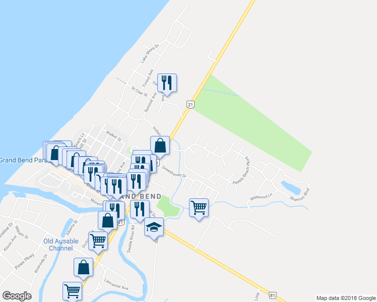 map of restaurants, bars, coffee shops, grocery stores, and more near 227 Pebble Beach Parkway in Grand Bend