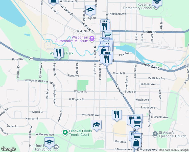 map of restaurants, bars, coffee shops, grocery stores, and more near in Hartford