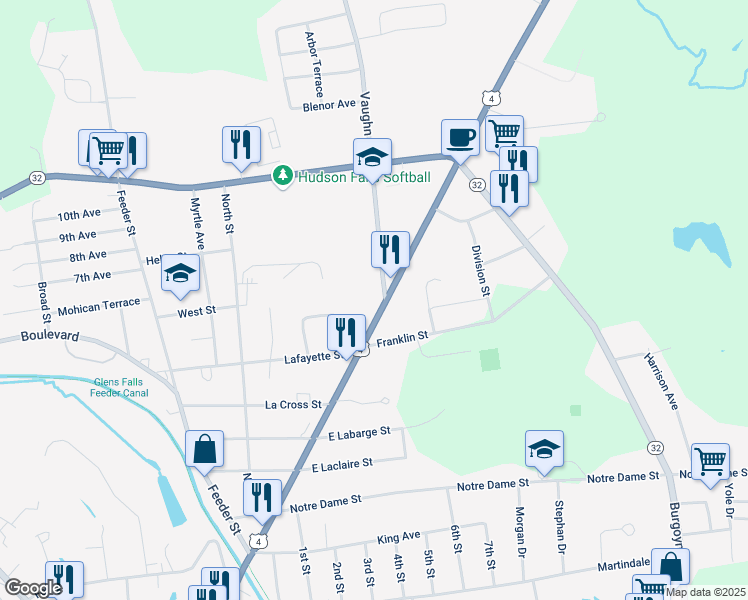 map of restaurants, bars, coffee shops, grocery stores, and more near 361 Main Street in Hudson Falls