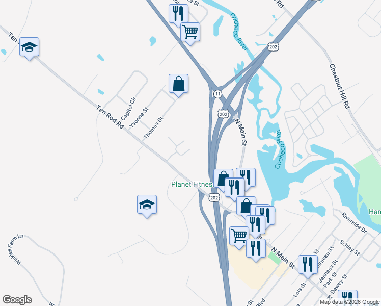 map of restaurants, bars, coffee shops, grocery stores, and more near 21 Ten Rod Road in Rochester