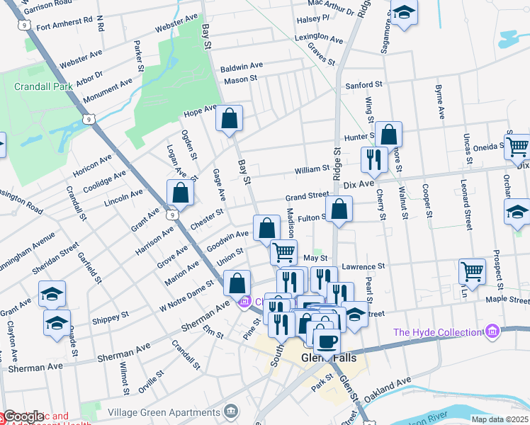 map of restaurants, bars, coffee shops, grocery stores, and more near 102 Bay Street in Glens Falls