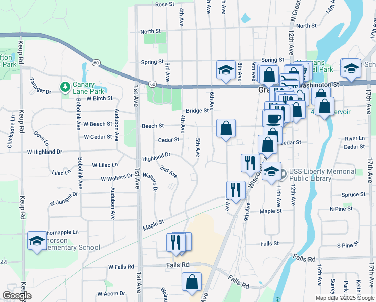 map of restaurants, bars, coffee shops, grocery stores, and more near 1521 5th Avenue in Grafton
