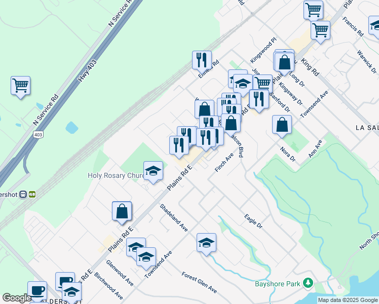 map of restaurants, bars, coffee shops, grocery stores, and more near 355 Plains Road East in Burlington
