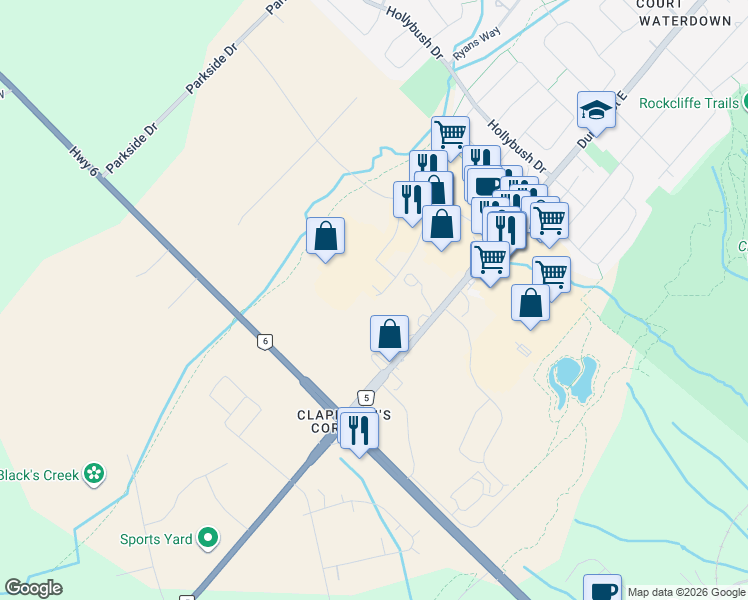 map of restaurants, bars, coffee shops, grocery stores, and more near 30 Horseshoe Crescent in Hamilton