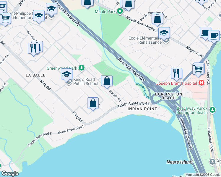 map of restaurants, bars, coffee shops, grocery stores, and more near 649 Francis Road in Burlington