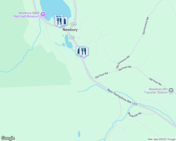 map of restaurants, bars, coffee shops, grocery stores, and more near 87 Old Post Road in Newbury