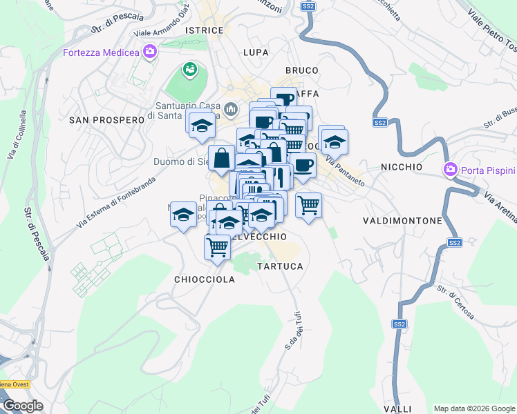 map of restaurants, bars, coffee shops, grocery stores, and more near 50 Via San Pietro in Siena