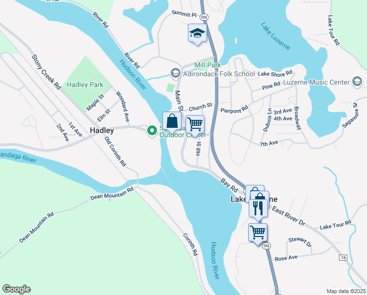 map of restaurants, bars, coffee shops, grocery stores, and more near 74 Bay Road in Lake Luzerne