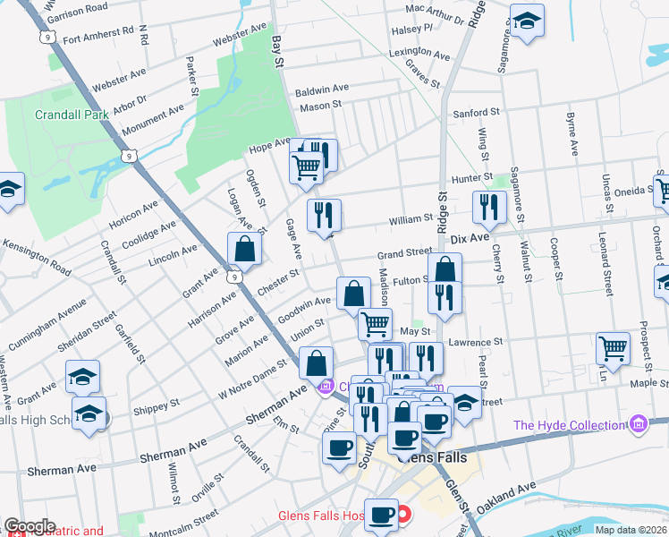 map of restaurants, bars, coffee shops, grocery stores, and more near 102 Bay Street in Glens Falls