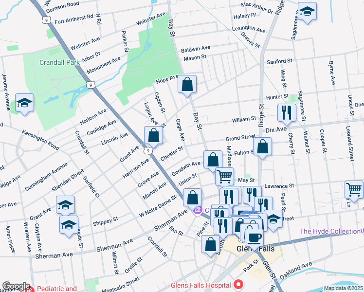 map of restaurants, bars, coffee shops, grocery stores, and more near 26b Birch Avenue in Glens Falls