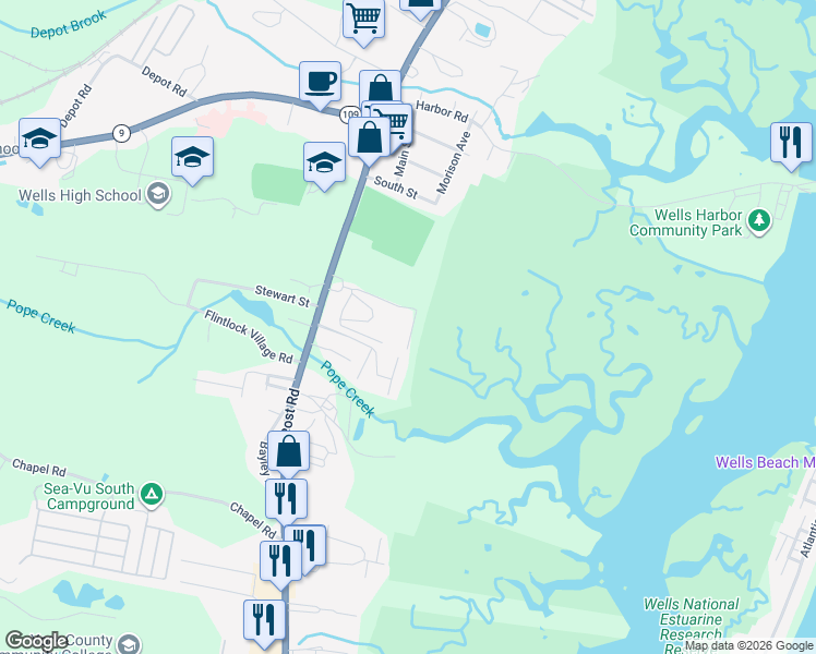 map of restaurants, bars, coffee shops, grocery stores, and more near 113 Darling Dr in Wells