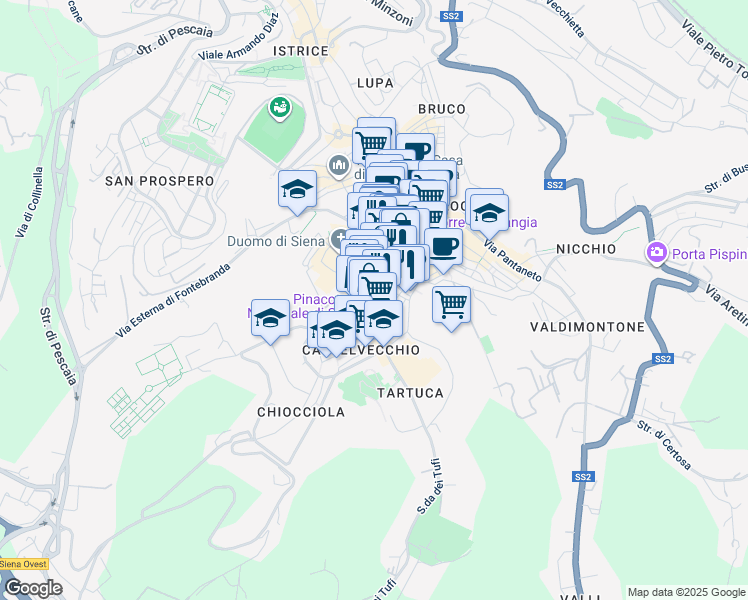 map of restaurants, bars, coffee shops, grocery stores, and more near 9 Vicolo del Tone in Siena