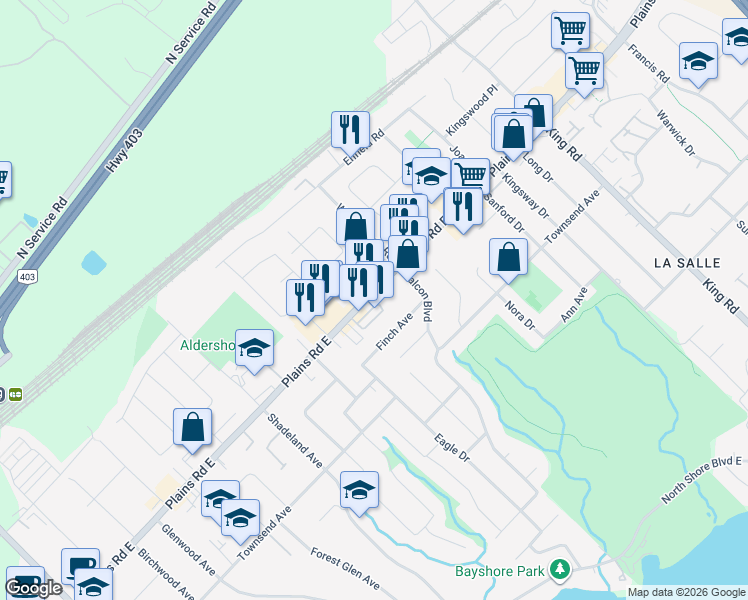 map of restaurants, bars, coffee shops, grocery stores, and more near 392 Plains Road East in Burlington
