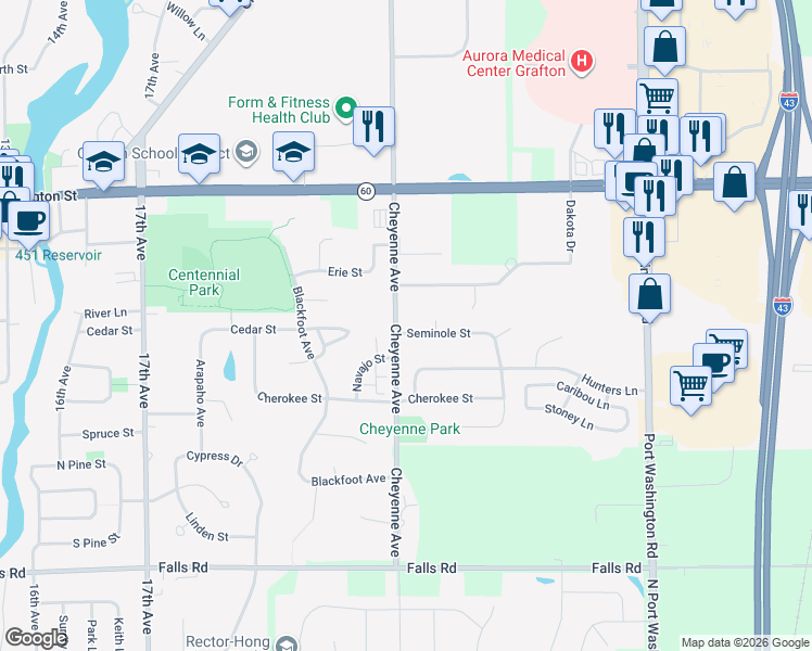 map of restaurants, bars, coffee shops, grocery stores, and more near 1420 Cheyenne Avenue in Grafton