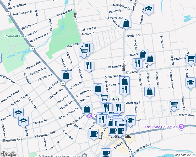 map of restaurants, bars, coffee shops, grocery stores, and more near in Glens Falls