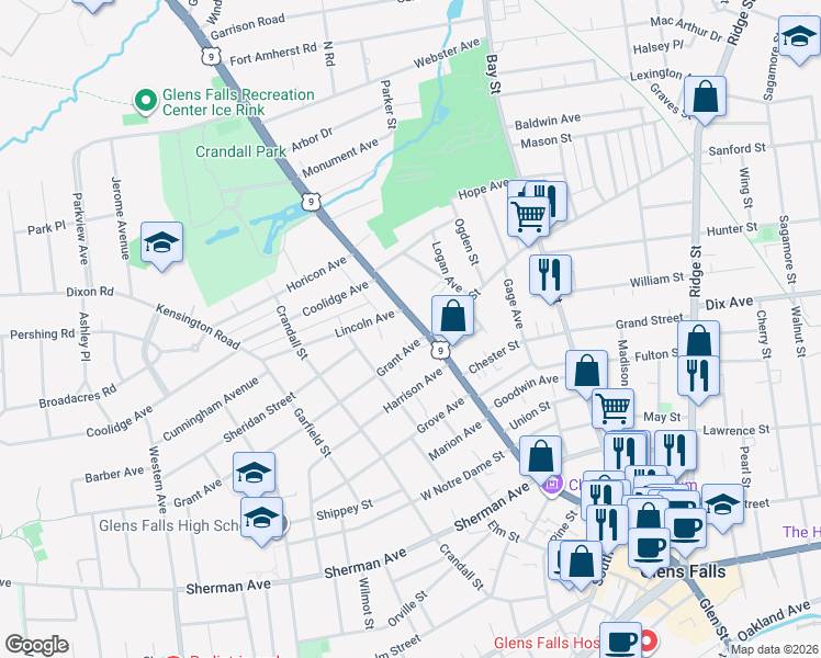 map of restaurants, bars, coffee shops, grocery stores, and more near 499 Glen Street in Glens Falls