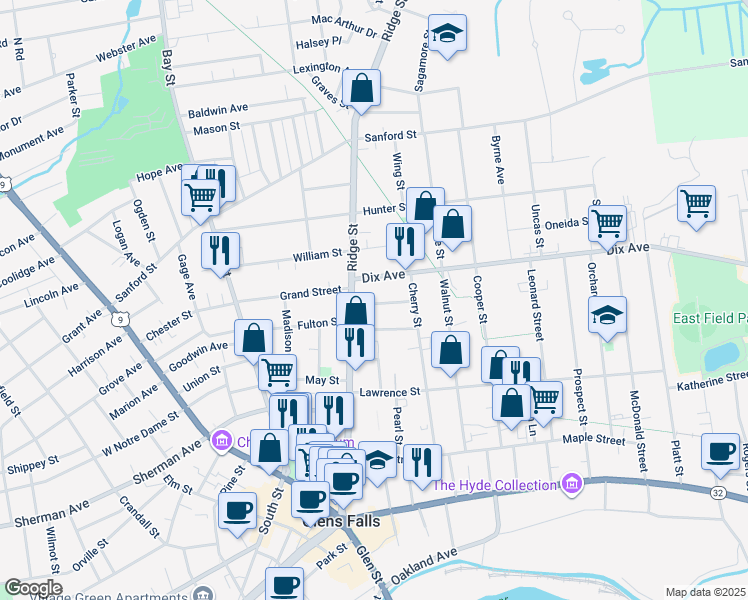 map of restaurants, bars, coffee shops, grocery stores, and more near 9 Dix Avenue in Glens Falls