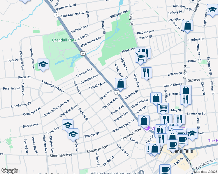 map of restaurants, bars, coffee shops, grocery stores, and more near 499 Glen Street in Glens Falls