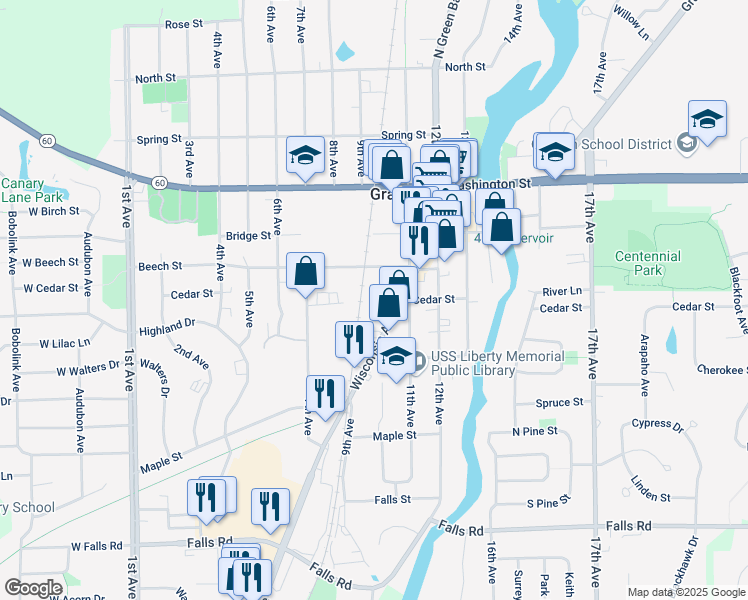 map of restaurants, bars, coffee shops, grocery stores, and more near 1505 Wisconsin Avenue in Grafton