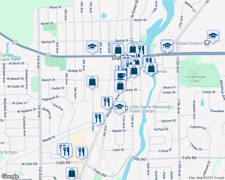 map of restaurants, bars, coffee shops, grocery stores, and more near 1505 Wisconsin Avenue in Grafton