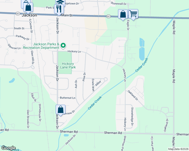 map of restaurants, bars, coffee shops, grocery stores, and more near W198N16440 Linden Circle in Jackson