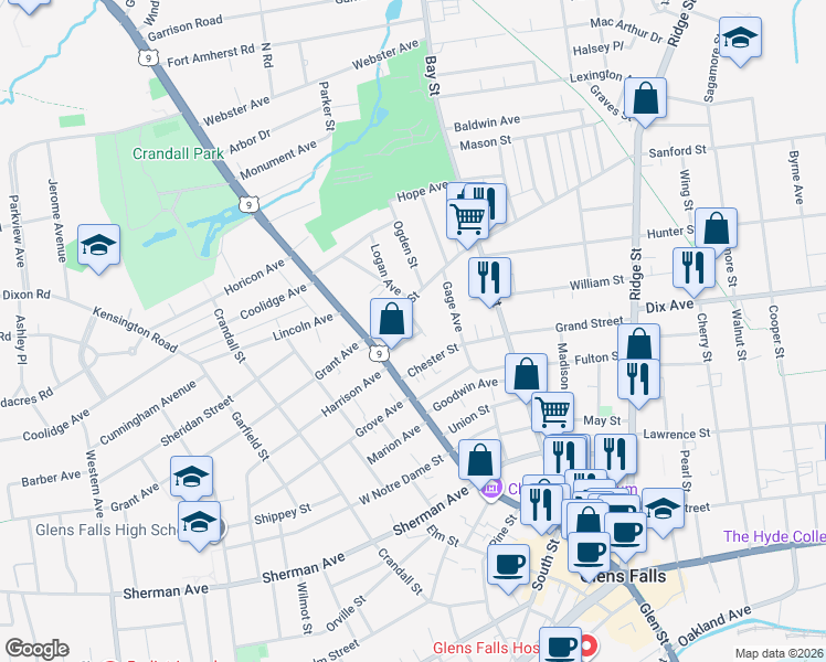 map of restaurants, bars, coffee shops, grocery stores, and more near 10 Monroe Street in Glens Falls