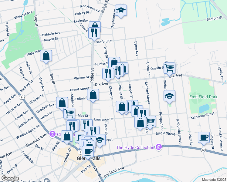 map of restaurants, bars, coffee shops, grocery stores, and more near 23 Dix Avenue in Glens Falls