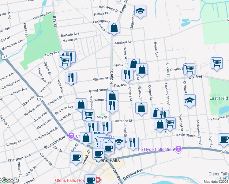 map of restaurants, bars, coffee shops, grocery stores, and more near 173 Ridge Street in Glens Falls