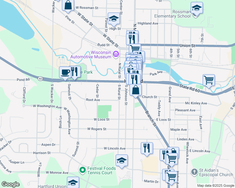 map of restaurants, bars, coffee shops, grocery stores, and more near 37 South Rural Street in Hartford