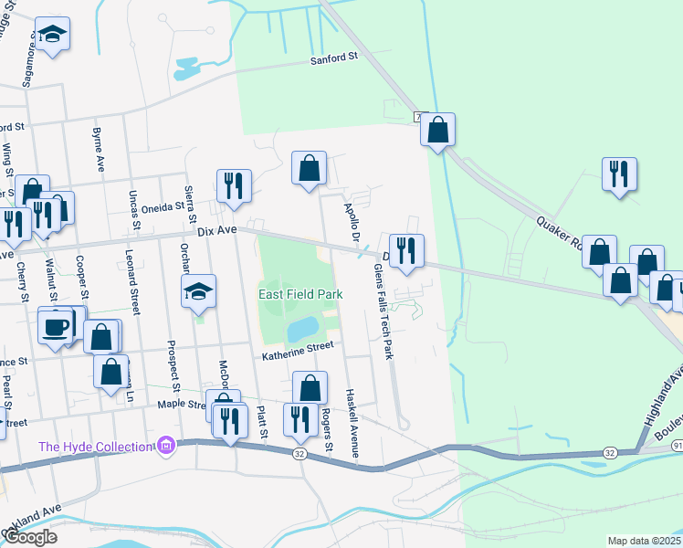 map of restaurants, bars, coffee shops, grocery stores, and more near 90 Haskell Avenue in Glens Falls