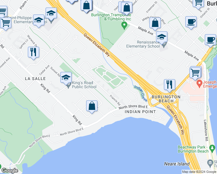 map of restaurants, bars, coffee shops, grocery stores, and more near 661 Francis Road in Burlington
