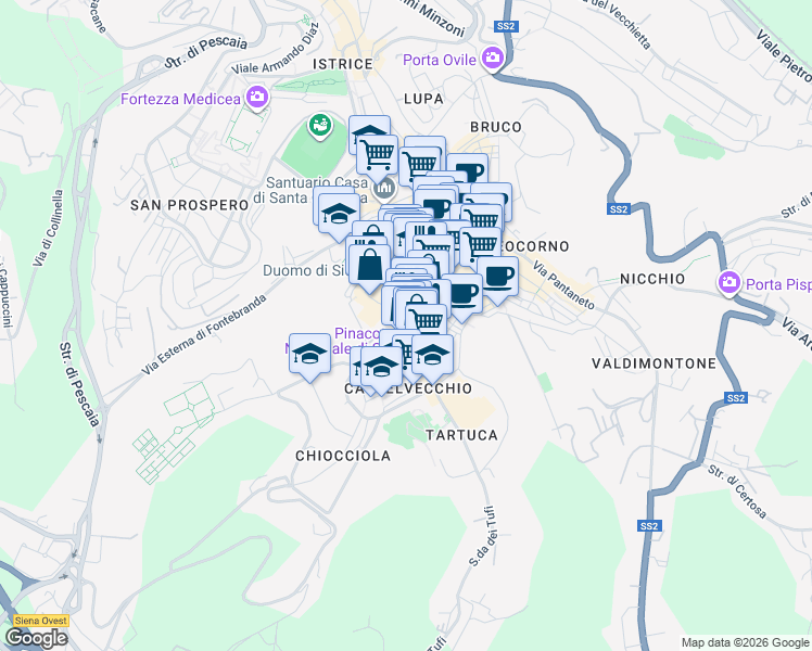 map of restaurants, bars, coffee shops, grocery stores, and more near 12 Via del Capitano in Siena