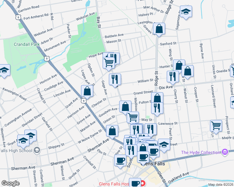 map of restaurants, bars, coffee shops, grocery stores, and more near 121 Bay Street in Glens Falls