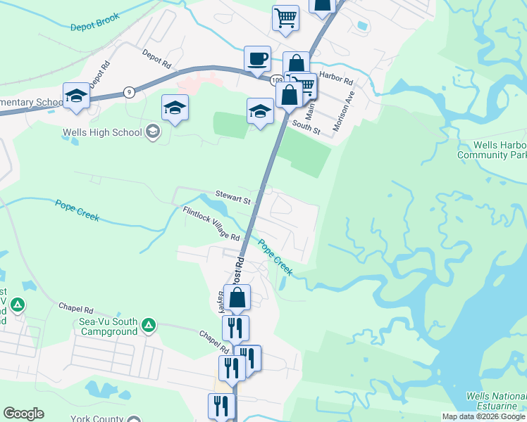 map of restaurants, bars, coffee shops, grocery stores, and more near 1413 Post Road in Wells