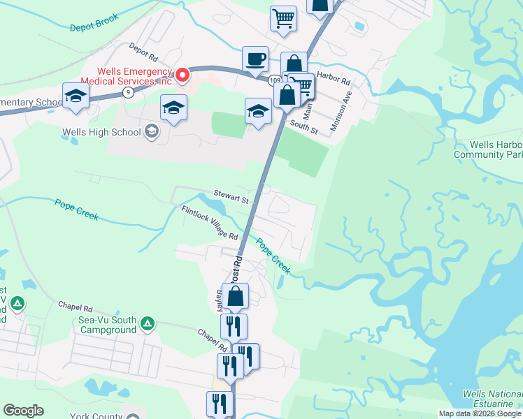 map of restaurants, bars, coffee shops, grocery stores, and more near 1413 Post Road in Wells