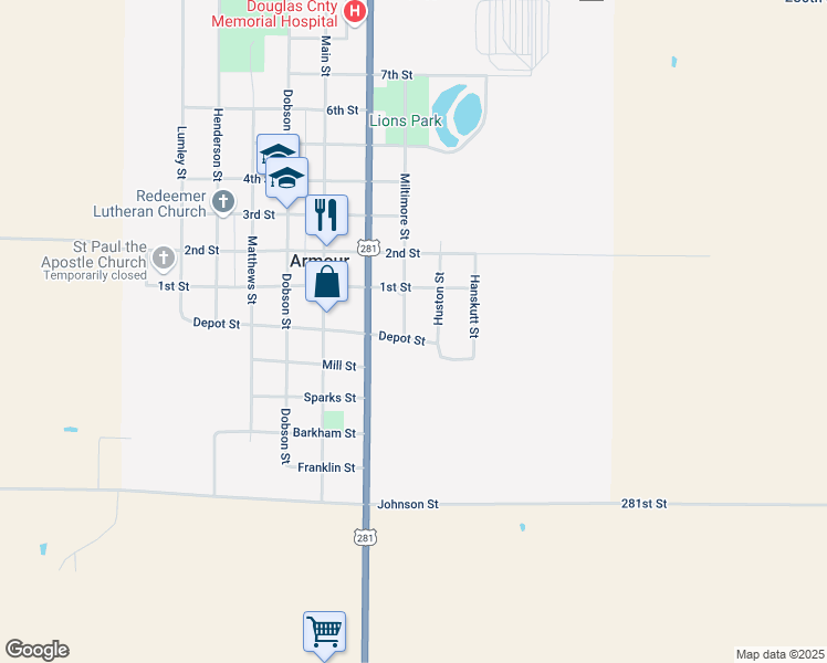 map of restaurants, bars, coffee shops, grocery stores, and more near 600 Miltimore Street in Armour